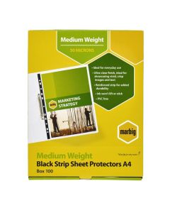 MARBIG SHEET PROTECTORS MEDIUM WEIGHT A4 BLACK STRIP 100BOX