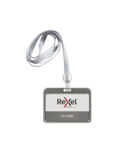 REXEL ID CARD HOLDER WITH LANYARD ALUMINIUM SILVER LANDSCAPE