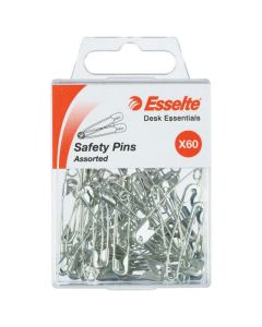ESSELTE PINS SAFETY PACK 60 ASSORTED SIZES SILVER