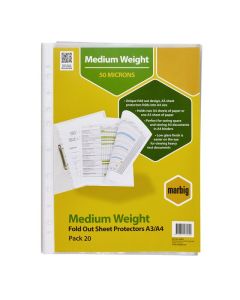 MARBIG SHEET PROTECTORS MEDIUM WEIGHT A3 FOLD OUT 20PACK