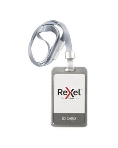 REXEL ID CARD HOLDER WITH LANYARD ALUMINIUM SILVER PORTRAIT