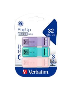 VERBATIM POP UP 2.0 USB TRIPLE PACK 32GB ASSORTED PASTEL COLOURS