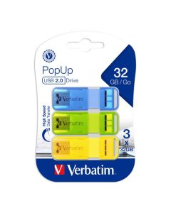 VERBATIM POP UP 2.0 USB TRIPLE PACK 32GB ASSORTED BRIGHT COLOURS