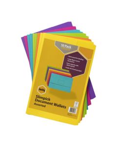 MARBIG SLIMPICK FOOLSCAP DOCUMENT WALLET BRIGHTS ASSORTED PACK10