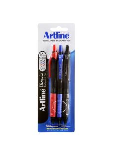 ARTLINE IKONIC BALLPOINT RETRACTABLE GRIP MEDIUM ASSORTED 3 PACK