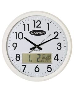 CARVEN CLOCK 470MM WHITE FRAME WITH LCD CALENDAR