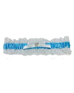 White Lace and Blue Ribbon Bridal Garter with Center Pave Heart
